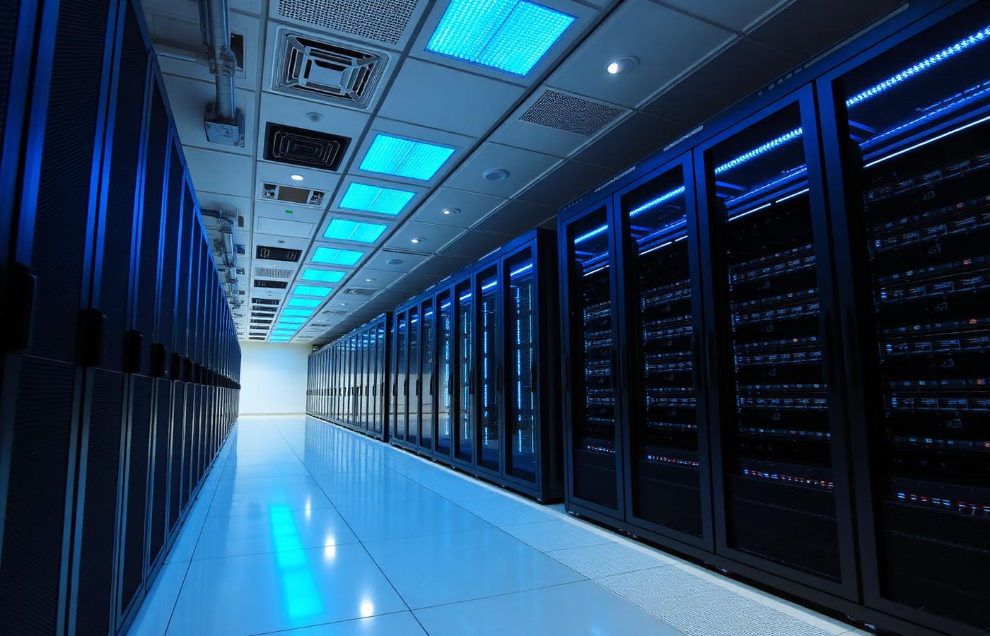 Modern cloud data center with rows of servers illuminated in blue