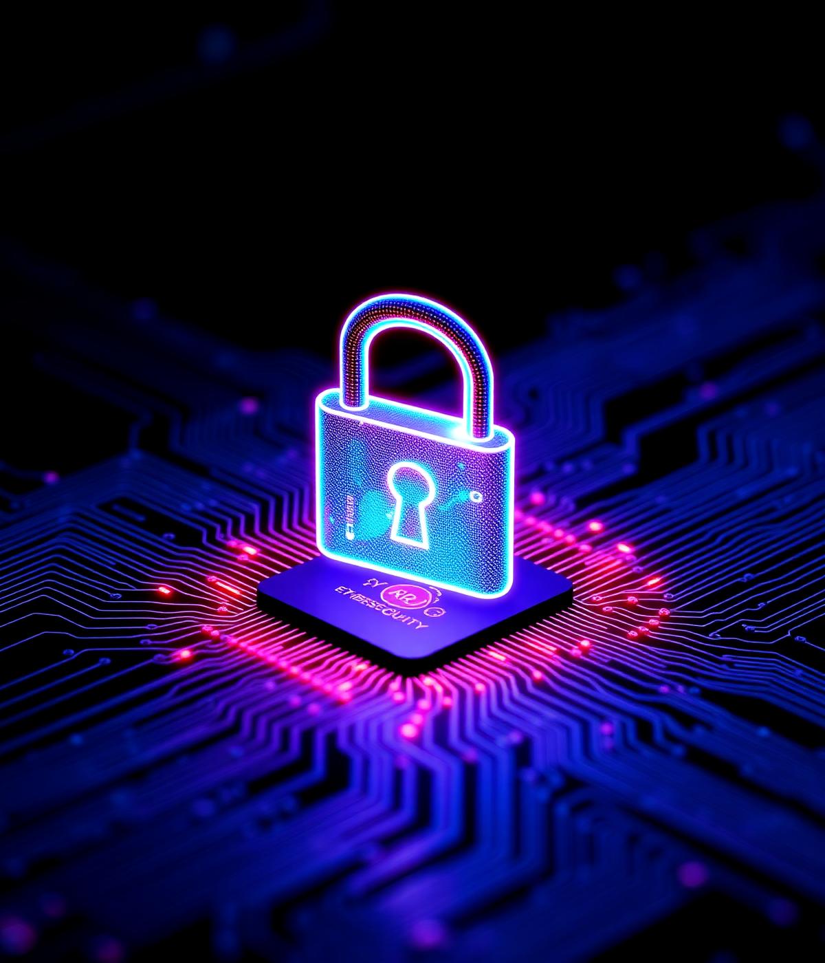 Neon padlock hologram over a circuit board representing cybersecurity