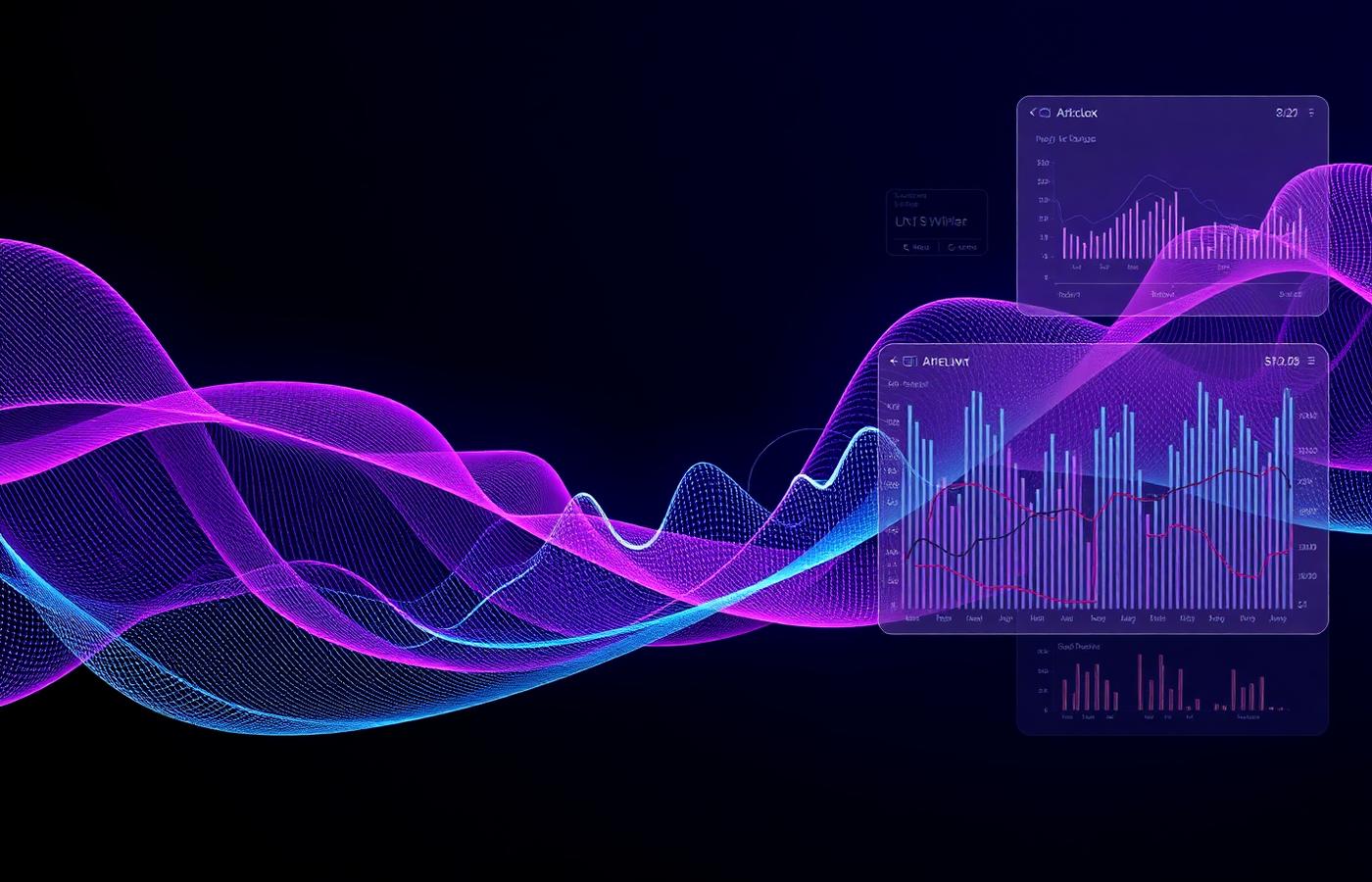 Abstract data analytics visualization with charts and wave forms