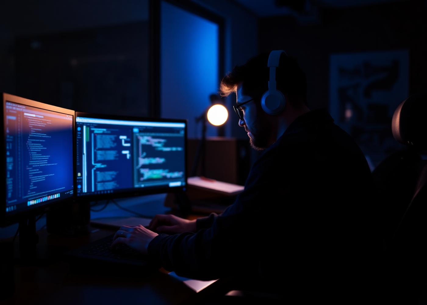 Software engineer working on multi-monitor development environment