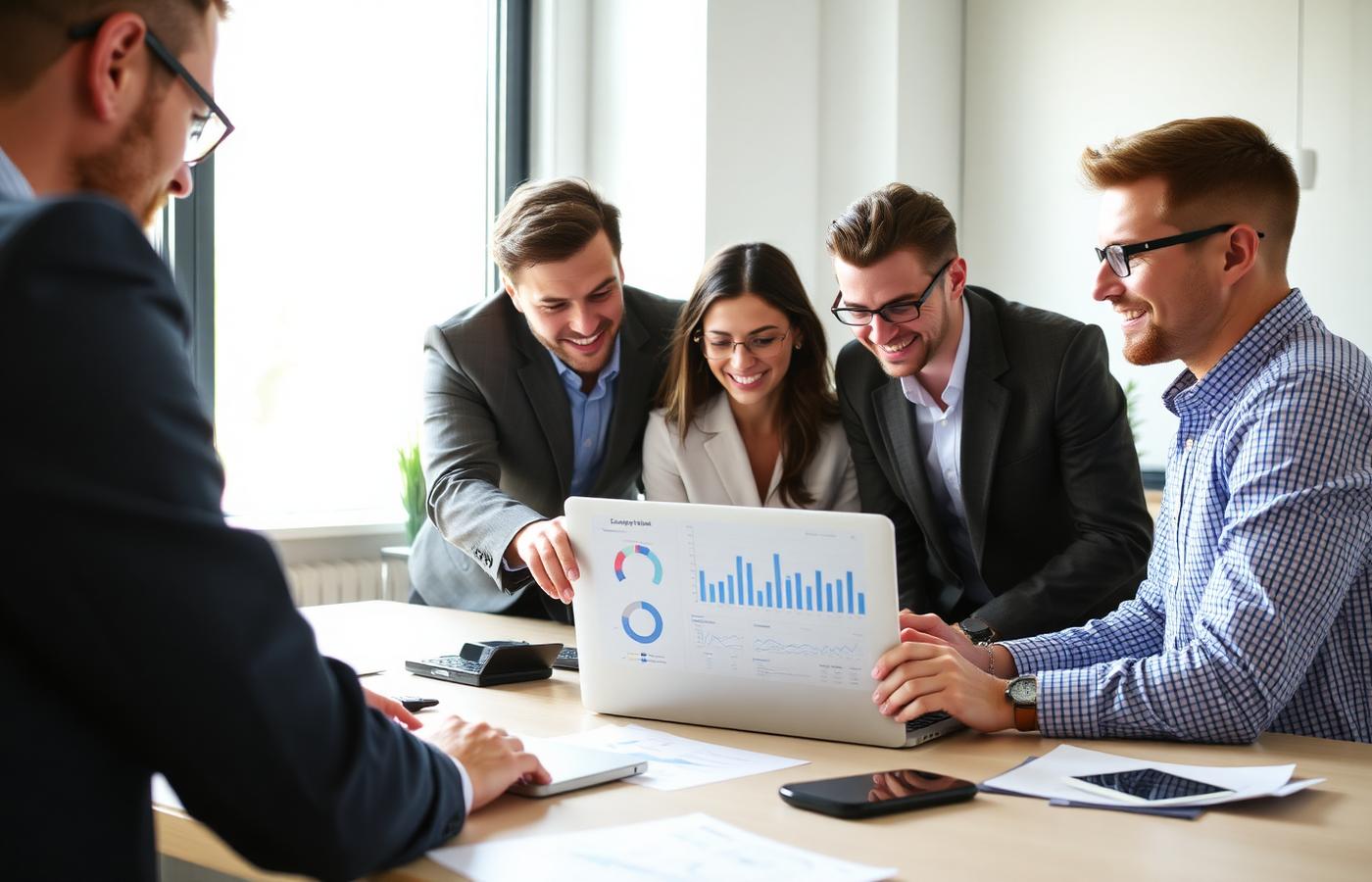 Business team collaborating with a data dashboard on a laptop in a bright office